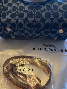 Coach Navy Signature Canvas Key & Card Holder with Tan Leather Strap